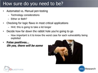How sure do you need to be?
• Automated vs. Manual pen-testing
    ‒ Technology considerations
    ‒ Either or Both?
• Checking for logic flaws in most critical applications
    ‒ Hint: this is going to take a lot longer
• Decide how far down the rabbit hole you’re going to go
    ‒ How important is it to know the worst case for each vulnerability being
      exploited
• False positives...
   Oh yes, there will be some
 