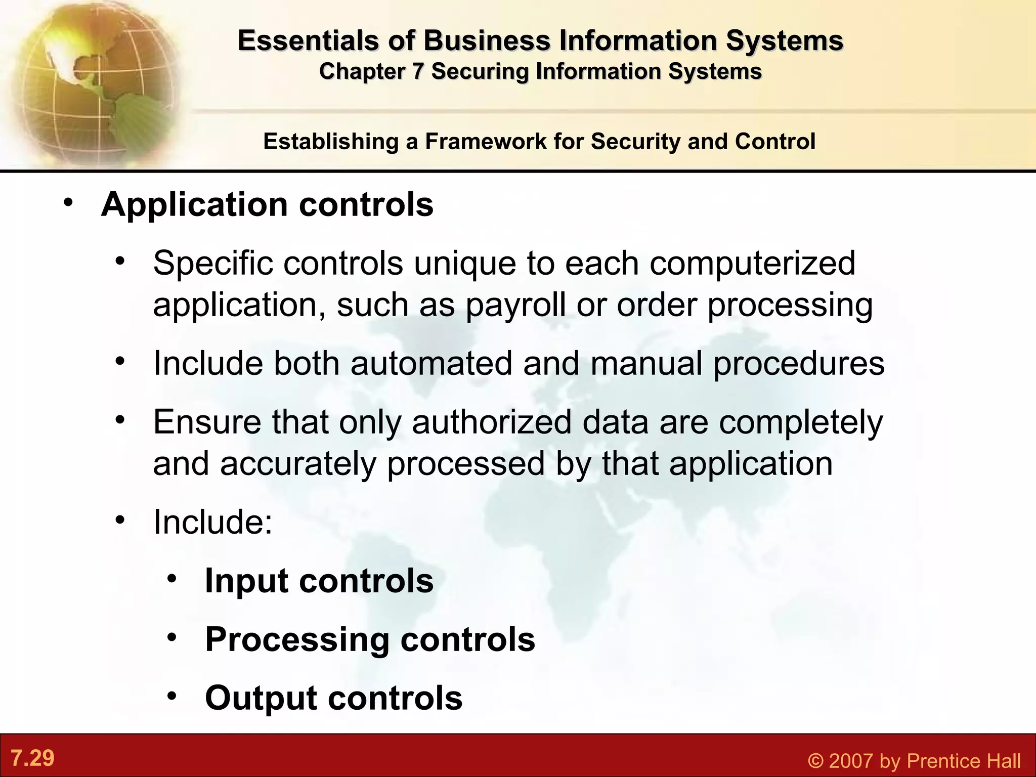 Establishing a Framework for Security and Control Application controls Specific controls unique to each computerized application, such as payroll or order processing Include both automated and manual procedures Ensure that only authorized data are completely and accurately processed by that application Include: Input controls Processing controls Output controls Essentials of Business Information Systems Chapter 7 Securing Information Systems 