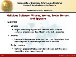 Malicious Software: Viruses, Worms, Trojan Horses, and Spyware Malware Viruses R ogue software program that attaches itself to other software programs or data files in order to be executed Worms I ndependent computer programs that copy themselves from one computer to other computers over a network. Trojan horses S oftware program that appears to be benign but then does something other than expected. System Vulnerability and Abuse Essentials of Business Information Systems Chapter 7 Securing Information Systems 