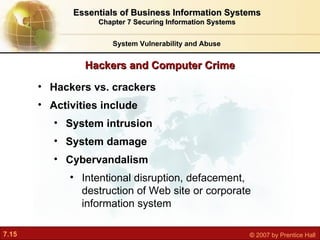 Hackers and Computer Crime System Vulnerability and Abuse Essentials of Business Information Systems Chapter 7 Securing Information Systems Hackers vs. crackers Activities include System intrusion System damage Cybervandalism I ntentional disruption, defacement, destruction of Web site or corporate information system 