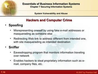 Hackers and Computer Crime System Vulnerability and Abuse Essentials of Business Information Systems Chapter 7 Securing Information Systems Spoofing M isrepresenting oneself by using fake e-mail addresses or masquerading as someone else Redirecting Web link to address different from intended one, with site masquerading as intended destination Sniffer E avesdropping program that monitors information traveling over network Enables hackers to steal proprietary information such as e-mail, company files, etc. 