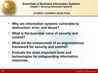 STUDENT LEARNING OBJECTIVES Essentials of Business Information Systems Chapter 7 Securing Information Systems Why are information systems vulnerable to destruction, error, and abuse? What is the business value of security and control? What are the components of an organizational framework for security and control? Evaluate the most important tools and technologies for safeguarding information resources. 