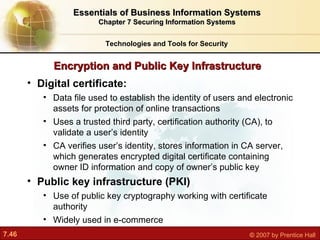 Digital certificate:  Data file used to establish the identity of users and electronic assets for protection of online transactions Uses a trusted third party, certification authority (CA), to validate a user’s identity CA verifies user’s identity, stores information in CA server, which generates encrypted digital certificate containing owner ID information and copy of owner’s public key Public key infrastructure (PKI) Use of public key cryptography working with certificate authority Widely used in e-commerce Encryption and Public Key Infrastructure Technologies and Tools for Security Essentials of Business Information Systems Chapter 7 Securing Information Systems 