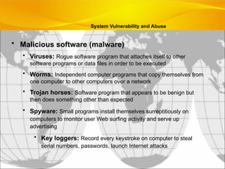 • Malicious software (malware)
• Viruses: Rogue software program that attaches itself to other
software programs or data files in order to be executed
• Worms: Independent computer programs that copy themselves from
one computer to other computers over a network
• Trojan horses: Software program that appears to be benign but
then does something other than expected
• Spyware: Small programs install themselves surreptitiously on
computers to monitor user Web surfing activity and serve up
advertising
• Key loggers: Record every keystroke on computer to steal
serial numbers, passwords, launch Internet attacks
System Vulnerability and Abuse
 