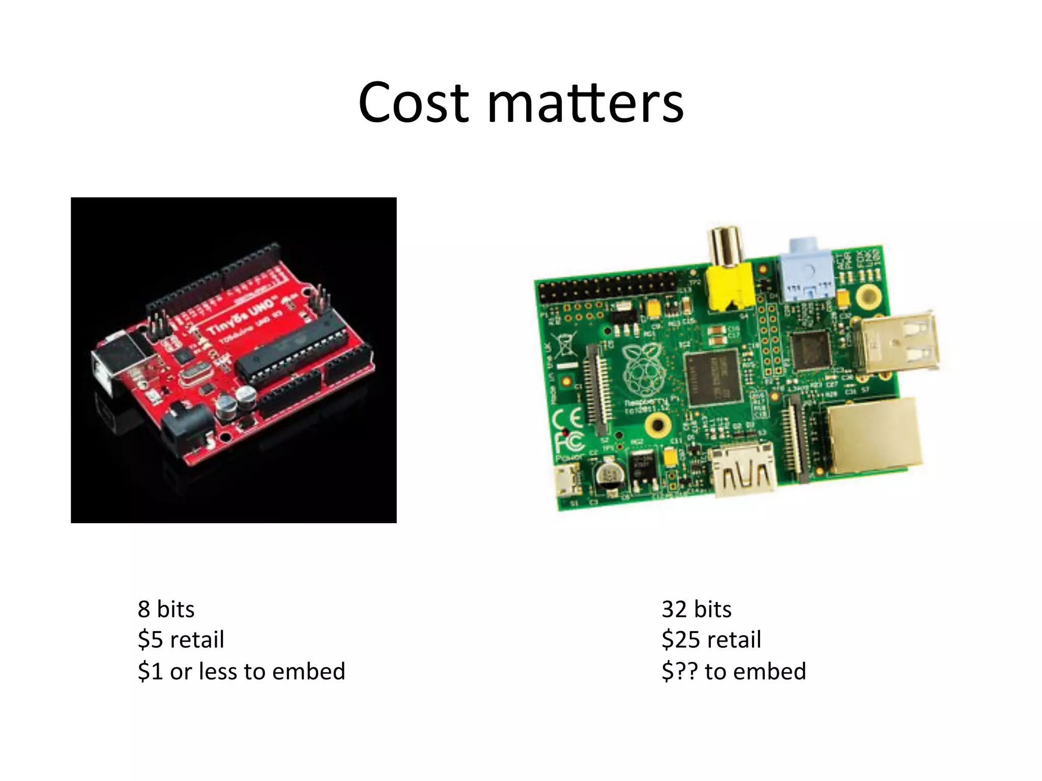 Cost	
  maQers	
  
8	
  bits	
  
$5	
  retail	
  
$1	
  or	
  less	
  to	
  embed	
  
32	
  bits	
  
$25	
  retail	
  
$??	
  to	
  embed	
  
 