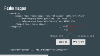 Realm mapper
<mappers>
<mapped-regex-realm-mapper name="at-mapper" pattern=".*@(.*)">
<realm-mapping from="jboss.org" to="JBOSS"/>
<realm-mapping from="wildfly.org" to="WILDFLY"/>
</mapped-regex-realm-mapper>
</mappers>
<security-domain ... realm-mapper="realmMapper">
joe@jboss.org
.*@(.*)
JBOSS WILDFLY
wildfly.orgjboss.org
 
