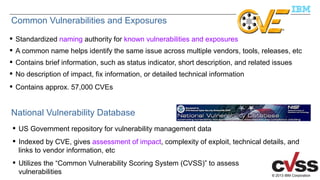 © 2013 IBM Corporation
Common Vulnerabilities and Exposures
 Standardized naming authority for known vulnerabilities and exposures
 A common name helps identify the same issue across multiple vendors, tools, releases, etc
 Contains brief information, such as status indicator, short description, and related issues
 No description of impact, fix information, or detailed technical information
 Contains approx. 57,000 CVEs
 US Government repository for vulnerability management data
 Indexed by CVE, gives assessment of impact, complexity of exploit, technical details, and
links to vendor information, etc
 Utilizes the “Common Vulnerability Scoring System (CVSS)” to assess
vulnerabilities
National Vulnerability Database
 