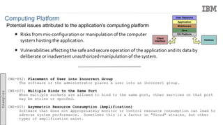 Computing Platform
Potential issues attributed to the application's computing platform
 Risks from mis-configuration or manipulation of the computer
system hosting the application.
 Vulnerabilities affecting the safe and secure operation of the application and its data by
deliberate or inadvertent unauthorized manipulation of the system.
OS Platform
Java
Middleware
Application
User Sessions
Client
Interface Database
CWE-842: Placement of User into Incorrect Group
The software or the administrator places a user into an incorrect group.
CWE-605: Multiple Binds to the Same Port
When multiple sockets are allowed to bind to the same port, other services on that port
may be stolen or spoofed.
CWE-405: Asymmetric Resource Consumption (Amplification)
Software that does not appropriately monitor or control resource consumption can lead to
adverse system performance. Sometimes this is a factor in "flood" attacks, but other
types of amplification exist.
Examples
 