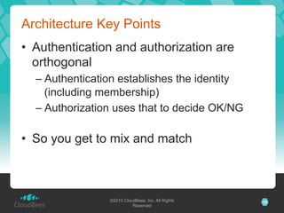 Architecture Key Points
•  Authentication and authorization are
   orthogonal
  –  Authentication establishes the identity
     (including membership)
  –  Authorization uses that to decide OK/NG

•  So you get to mix and match



                 ©2010 CloudBees, Inc. All Rights   10
                           Reserved
 