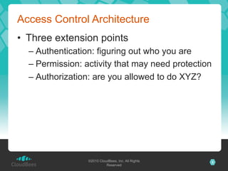 Access Control Architecture
•  Three extension points
  –  Authentication: figuring out who you are
  –  Permission: activ...