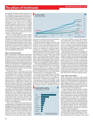 18
Asia rapidly expanding health insurance. In
the Philippines, 85% of the population are
now members ofPhilHealth, the government-
owned health insurer, compared with 62% in
2010. China’s rural health-insurance scheme,
which in 2003 covered 3% of the eligible
population, now covers 97.5%, according
to official statistics. India has also extended
(albeit modest) health insurance to roughly
110m people, more than twice the number
of the uninsured Americans whose plight
motivated Obamacare; this is, as America’s
vice-president once said about his boss’s
reforms, a “big fucking deal”.
This new Asian interest in social welfare
goes far beyond health. Thailand, which
achieved universal health care in 2001,
introduced pensions for the informal sector
in May 2011. China’s National Audit Office
last month declared that the country’s social-
security system was “basically” in place. India
expanded its job-guarantee programme to
every rural district in 2008, promising 100
days of minimum-wage work a year to any
rural household that asks for it.
Tigers turning marsupial
Rich countries like South Korea and Taiwan
have gone further. In 2008 Korea introduced
an earned-income tax credit, a universal basic
pension and an insurance scheme providing
long-term care for the elderly. December’s
presidential election is fast becominga game of
welfare one-upmanship. Even Singapore, long
opposed to the idea of a “crutch economy”,
offered cash handouts, disguised as tax rebates,
to people with low incomes and low-rent
homes in this year’s budget.
Although poorer countries still limit
themselves to ad hoc welfare offerings, fitting
the spending level to revenues one budget at
a time, there is an increasing trend towards
entitlements served by statutory institutions
that will outlive the budgetary cycle. As these
systems mature, welfare provision will be
demand-led, not supply-driven; welfare will
become integral to the state. Asia’s tigerish
economiesare turningmarsupial, carryingtheir
dependants along with them as they prowl.
Some ofthe national leaderswho unleashed
those tiger economies would be shocked and
disturbed by the development. To them the
welfare state was a Western aberration that
would serve only to undermine thrift, industry
and filial duty. Those virtues, they argued,
underpinned their economic miracles and
won envious admiration abroad, not least
in Western countries bent under the weight
of their social obligations.
That is not to say that Asia boomed in the
complete absence ofwelfare provisions. But its
arrangementstooka distinctive form which Ian
Holliday of Hong Kong University has termed
“productivist”. This model subordinated social
policy to economic goals. In Europe, some
politicians like to say growth is necessary
to pay for health care and other goodies.
Productivism reversed that logic: welfare
provision is a means to the end of economic
progress, not the other way around.
Institutionalised welfare provision was
reserved not for the neediest cases, but for
workers in the most productive industries.
Even for these lucky few, welfare was not
a right or an entitlement; it was more like an
investment in manpower. Welfare services
(injury insurance, health care, pensions) were
delivered by state-owned corporations rather
than ministries, in part so that no one would
come to think of pensions and health as the
state’s responsibility. This model of welfare
tried to keep savings high and workincentives
sharp. In Korea, for example, anyone aged 18-
65 used to be ineligible for public assistance.
Thus Asia’s tigers kept social spending low
as a percentage of GDP while their economies
grew at unprecedented rates. This rapid
economic progress was combined with big
social advances in literacy and life expectancy.
But the model fell foul of two closely linked
disruptions and one implacable trend.
The trend was a steep decline in fertility.
The average South Korean woman can now
expect to give birth to only 1.39 children in
her lifetime; in Singapore, the figure is 1.37;
in Hong Kong, only 1.14. This welfare model
assumed that Asia’s tightly knit families would
take care of the social responsibilities its
governments refused to shoulder. But asked
to tutor their children, care for their parents
and supplement their husband’s income,
women have rebelled. The Singaporean
women interviewed by Shirley Hsiao-Li
Sun, a sociologist at Nanyang Technological
University in Singapore, “want more direct
and universal state subsidies, especially for
education and health care,” she writes.
The disruptions were the interruption of
miracle growthandthe erosion ofauthoritarian
rule. The Asian financial crisis of 1997-98
resulted in a spike in lay-offs among industrial
workers, and governments found it impossible
to leave the jobless masses to their fate.
Before 1998, none of Taiwan’s unemployed
got state benefits. By 2001, all of them did. In
South Korea President Kim Dae-jung pushed
through a controversial 1999 act guaranteeing
a minimum income to the poor, even if they
could work. That minimum is now about 97%
of America’s poverty guideline, measured at
purchasing-power parity, in a country with
only about 67% of America’s GDP per head.
Asian values and welfare
At the same time, in much of Asia, newly
assertive opposition parties showed that the
distaste for welfare expressed by authoritarian
leaders was not shared by the population at
large. Welfare promises won votes. Even in
China,wherethereare no nationalvotestowin,
policymakersbegan to promise a “harmonious
society” not just a fast growth rate.
It seems that every country that can afford
to build a welfare state will come under
mounting pressure to do so. And much ofAsia
has hit the relevant level of prosperity (see
chart 1). Indonesia is now almost as developed
as America was in 1935 when it passed the
landmark Social Security Act, according to
figures compiled by the late Angus Maddison,
an economic historian. China is already richer
than Britain was in 1948, when it inaugurated
the National Health Service (NHS) which,
to judge by political ructions—and Olympic
opening ceremonies—has become crucial to
its sense of national identity.
Asian welfare still looks lean by Western
standards. Public health spending is still only
2.5% of GDP, compared with about 7% in
the OECD group of rich nations. That will
The pillars of livelihoods
Reprinted from The Economist - 2014
1
Earning enough
Sources: Angus Maddison; IMF
GDP per person, $’000*
*1990 Geary-Khamis dollars
0
5
10
15
20
25
30
35
1960 70 80 90 2000 11
Indonesia
South Korea
Taiwan
Hong Kong
Malaysia
China
Singapore
BRITAIN 1948
US 1935
2
Hardly feather bedding
Source: Asian
Development Bank
Social Protection Index*, latest
*Spending per potential beneficiary,
as % of national GDP per person
0 42 86 12 1410
Japan
South Korea
Malaysia
China
India
Vietnam
Philippines
Indonesia
Pakistan
 