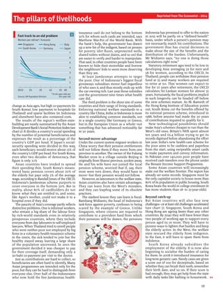 19
change as Asia ages, but high co-payments (in
South Korea), low payments to hospitals (in
Thailand) and sparse facilities (in Indonesia
and elsewhere) have also contained costs.
The results of the region’s welfare-state-
building are neatly summarised by the Asian
DevelopmentBank’sSocialProtectionIndex(see
chart 2). It divides a country’s social spending
by the number of potential beneficiaries and
expresses the result as a percentage of the
country’s GDP per head. If Japan’s social-
security spending were divided in this way,
each beneficiary would receive about 13% of
the country’s GDP per head. For South Korea,
even after two decades of democracy, that
figure is only 7.1%
Asian countries have tended to spread
their spending thin. South Korea’s means-
tested basic pension covers about 70% of
the elderly but pays only 5% of the average
wage, according to Randall Jones ofthe OECD.
Indonesia’s Jamkesmas scheme purports to
cover everyone in the bottom 30%. But in
reality, about 80% of cardholders do not
know what they are entitled to, and some,
like Agus’s mother, could not make it to a
hospital even if they did.
The paucity ofAsia’s coverage partly reflects
distinctive problems. One is informal workers,
who remain a big share of the labour force
by rich-world standards even in relatively
prosperous countries, where they include
everyone from day labourers to self-employed
lawyers. When Thailand tried to enroll people
who were neither poor nor employed by big
firms in a voluntary health-insurance scheme
in the 1990s, the sick tended to join but the
healthy stayed away, leaving a large share
of the population uncovered. In 2001 the
government decided it was cheaper to pay
for their coverage itself, demanding only a
30-baht co-payment per visit to the doctor.
Just as contributions are hard to collect, so
beneficiaries are often hard to identify. Many
Asian programmes are intended only for the
poor, but they can be hard to distinguish from
everyone else. Over half of the Indonesians
who now hold the free Jamkesmas health-
insurance card do not belong to the bottom
30% for whom such cards are intended, says
Matthew Wai-Poi of the World Bank. With
the bank’s help, the government has drawn
up a new list ofthe indigent, based on proxies
for poverty (dirt floors, unprotected wells,
shared toilets without drains, and so on) that
are easier to verify and harder to manipulate.
That said, in other countries people have been
known to hide their motorbike and borrow
the neighbours’ kids to seem more deserving
than they are.
At least Jamkesmas attempts to target
the poor. One of Indonesia’s biggest fiscal
giveaways subsidises motor fuel regardless
of who uses it, and thus mostly ends up with
the car-owning rich. Last year those subsidies
cost the government nine times what health
care did.
The third problem is the sheer size of some
countries and their range of living standards.
Enforcing national welfare standards in a
country like China, India or Indonesia is more
akin to establishing common standards, not
in a single country like Germany or Greece,
but in the European Union as a whole—not
something that has advanced noticeably far
in 50 years.
Second-mover advantage
Under the current system migrant workers in
China worry that their pension entitlements
will not follow them if they move from one
province to another. The owner ofthe Fukang
Market store in a village outside Beijing is
originally from Shanxi province, 500km away.
He and his wife have not joined the local
pension scheme, worried that if, say, their
store were torn down, they would have to
move—but their pension would not follow.
However, as latecomers to the welfare state,
Asian countries also have certain advantages.
They can learn from the West’s mistakes,
and they can leapfrog some of its obsolete
practices.
The starkest lesson they can learn is fiscal.
Bambang Widianto, the head of Indonesia’s
task-force against poverty, confesses to being
scared by the example of Greece. Unlike
Singapore, where citizens are required to
contribute to a provident fund from which
their pensions will be drawn, the pensions
Indonesia has promised to offer to the nation
in 2015 will be partly on a “defined benefit”
basis, under which a person’s pension may
not necessarily match his contributions. The
government thus has crucial decisions to
make about the size of the benefits and the
distribution of the burden. Unfortunately,
Mr Widianto says, “no one is doing those
calculations right now.”
Statutory retirement ages tend to be low in
developing Asia: averaging 59 for men and
58 for women, according to the OECD. In
Thailand, people can withdraw their pension
fund at 55 and many workers are required
to retire at 60. Thai women can expect to
live for 27 years after retirement, the OECD
calculates; Sri Lankan women for almost 35
years. Fortunately, the fiscal problems implicit
in such longevity can be headed off before
the new schemes mature. As M. Ramesh of
the Hong Kong Institute of Education points
out, South Korea cut the benefits offered by
its national pension scheme, introduced in
1988, before anyone had made the 20 years
of contributions required to qualify for it.
New technological possibilities should
make Asia’s schemes cheaper to run than the
West’s old ones. Britain’s NHS spent almost
ten years and £6.4 billion trying to get its
records digitised before abandoning the effort
last year. India’s new health-care scheme for
the poor aims to be cashless and paperless
from the start, using swipeable smart cards
to make payments and convey information.
In Pakistan over 140,000 poor people have
received cash transfers over the phone under
the Benazir Income Support Programme.
Some Asian countries will increasingly
stake out the welfare frontier. The region has
already set some records. Singapore must be
the only capitalist society to house more than
80% of its population in public housing. South
Korea beats the world in college enrolment (it
has more students than 18- to 23-year-olds).
Beyond catch-up
But Asian countries will also face new
challenges—oratleastold challengesaccelerated
(see chart 3). Singapore, South Korea and
Hong Kong are ageing faster than any other
countries. By 2040 they will have fewer than
two people of working age to support every
person aged 65 or more. They will have to
pioneer ways to lighten that burden and keep
the elderly active. In the West, the welfare
state rescued the elderly from indigence.
In the East, it will have to spare them from
indolence.
South Korea already subsidises the
employment of the elderly. It is now also
beginning to socialise the burden of caring
for them. In 2008 it introduced insurance for
long-term geriatric care. Needy cases are given
a score out of 100 for decrepitude, based on
whether they can brush their teeth, remember
their birth date, and so on. If their score is
bad enough, they may get help from the state
with daily tasks like bathing or housework.
The pillars of livelihoods
Reprinted from The Economist - 2014
3
Fast track to an old problem
Source: UN Population Division
Workers per retiree*, forecasts
*15-64-year-olds per
65+ year-old
0
1
2
3
4
5
6
7
2015 25 35 45 55 60
Singapore
South Korea
Hong Kong
Germany
Italy
Japan
 