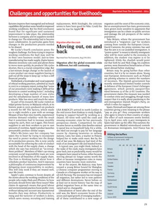 29
Challengesandopportunitiesforlivelihoods
Reprinted from The Economist - 2014
factoriesimprovetheirmanagerialandtechnical
capabilitiesdidproducesomebenefitinimproved
working conditions. But his third conclusion
found that for significant and sustained
improvement to take place, the relationship
between a company and its suppliers needed
to change too. The relationship had to become
more collaborative. In particular, gains from
changes in the production process needed
to be shared.
Mr Locke’s fourth conclusion poses the
toughest challenge. For firms trying to improve
working conditions the fault may well be
in their own business model. Just-in-time
manufacturing has made supply chains leaner.
Slimmer inventory cuts costs and allows firms
to move more quickly. As products’ life-cycles
shorten, this is a crucial competitive edge. But
a last-minute design change or the launch of
a new product can mean suppliers having to
pull out all the stops to keep up—or face a stiff
financial penalty.
Timberland,abootmakerandvocalsupporter
ofethical working practices, admitted as much
in 2007 in a company report, notingthat “some
of our procedures were making it difficult for
factories to control working hours”, including
developing a huge number of new styles
and the simultaneous launch of many new
products. Nike has since said much the same.
As part of his research, Mr Locke visited an
inkjet-printer factory in Malaysia which, at its
historic peak in 2007, produced 1m products
a month for HP. The factory, which made
six to eight models a year with an average
lifespan ofless than nine months, experienced
extreme demand volatility—with the result
that it sometimes had to increase monthly
output by 250%, then cut it again. This forces
suppliers to ask their workers to put in vast
amounts ofovertime.Apple’s product launches
presumably produce similar surges.
Nike’s Ms Jones says her company has
taken this to heart by trying to incorporate
the need to protect workers into the design
of its production process. She is now jointly
accountable for enforcing the code of conduct
with the head of the supply chain, a change
which she says has removed an “us-versus-
them problem”. Members of Nike’s 140-strong
corporate social responsibility team are now
involved in all branches of the supply chain.
The firm is thinking harder about how it
schedules product launches. And it espouses
a philosophy of continuous improvement by
delegating more responsibility to workers.
This will only work if they are treated well,
says Ms Jones.
Apple’s sales continue to boom despite all
the stories about the working conditions ofthe
people who make iPads and iPhones. So how
seriously should firms take these issues? Nike
claims its approach means that good labour
and environmental practicesboostprofits—even
without taking into account any reputational
benefits they may deliver. Productivity is
rising and the turnover of workers is down,
which saves money recruiting and training
replacements. With hindsight, the criticism
seems to have been good for Nike. Could the
same be true for Apple? n
Migration after the crash
Moving out, on and
back
Reprinted from The Economist, Aug 27th 2011
Migration after the global economic crisis
is different, but still continuing
LISA RAKOCZY arrived in north London in
the mid-2000s from Krakow to study English,
hoping to support herself by working as a
cleaner. All went well—until the crash and
ensuing economic crisis hit her previously
prosperous clients. Competition for jobs
became fiercer as middle-class families started
to spend less on household help. For a while,
she eked out enough to pay for her language
course by cleaning lavatories in railway
stations. Later, her sister, a teacher in Poland,
helped her to make ends meet. But by the
end of last year, Ms Rakoczy had tired of the
trials ofan immigrant’s life and headed home.
A typical case, you might think. Indeed, in
the wake of the crash, many immigrants have
gone back. Just as predictably, many would-be
emigrants have stayed at home, eitherbecause
moving abroad no longer seems worth the
effort or because immigration rules in many
countries have become more restrictive.
Yet at the airport, Ms Rakoczy may have
crossed a young Briton bound for Shanghai,
a Chinese computer programmer moving to
Canada or a Portuguese worker on his way to
oil-rich Norway. The recession has not stopped
all migration, but rather led to new patterns
and different destinations. Never before—or
at least not in recent history—has the map of
global migration been at the same time so
varied and so changeable.
Liberalisation of travel after the end of the
cold war, the West’s economic boom of the
2000s and rapid growth ofemerging markets—
all of these contributed to a new surge of
migration until the onset ofthe economic crisis.
But as unemployment has risen, governments
have grown more sensitive to arguments that
immigration can be a drain on public services
and damage the job prospects of the native
population.
Take Britain, where the government has
introduced a “migration cap” for workers
coming from outside the European Union.
David Cameron, the prime minister, has said
that the aim is to cut unskilled immigration. A
“pointssystem” is meantto identify immigrants
who will be most useful to the economy. In
addition, the student visa regime is to be
tightened. (Only the churlish would point
out that both he and Nick Clegg, his coalition
partner, were themselves beneficiaries oftime
spent abroad before studying.)
Britain may be going further than other
countries, but it is by no means alone. Young
east European democracies such as Poland
are piloting schemes to restrict the numbers
of incomers. The Danish government has
recently reintroduced limited border controls
in defiance ofthe European Union’s Schengen
agreement, which permits passport-free
travel between 23 of the 27 EU countries. The
government claims this measure was needed
to combat crime and smuggling, though many
suspect that it is really about pandering to the
anti-immigration Danish People’s Party, on
which it relies for support.
Spain, Denmarkand Japan are amongthose
countries giving a new meaning to the phrase
“pay as you go”: they compensate workers
who agree to return to their country of origin.
The effect of such measures seems limited.
Up to April 2010, only 11,400 immigrants in
Spain had taken up the offer. This summer, the
government in Madrid reintroduced controls
on Romanian immigrants. And France has
Hitting the buffers
Source: OECD
Inflows of permanent immigrants
% change on a year earlier, 2009
50 40 30 20 10 0 10 20+–
Britain
Russia
Australia
United States
Canada
Sweden
France
Germany
Denmark
Switzerland
Spain
South Korea
Japan
Ireland
 