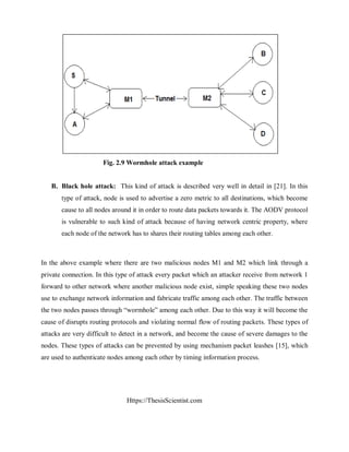 Https://ThesisScientist.com
Fig. 2.9 Wormhole attack example
B. Black hole attack: This kind of attack is described very well in detail in [21]. In this
type of attack, node is used to advertise a zero metric to all destinations, which become
cause to all nodes around it in order to route data packets towards it. The AODV protocol
is vulnerable to such kind of attack because of having network centric property, where
each node of the network has to shares their routing tables among each other.
In the above example where there are two malicious nodes M1 and M2 which link through a
private connection. In this type of attack every packet which an attacker receive from network 1
forward to other network where another malicious node exist, simple speaking these two nodes
use to exchange network information and fabricate traffic among each other. The traffic between
the two nodes passes through “wormhole” among each other. Due to this way it will become the
cause of disrupts routing protocols and violating normal flow of routing packets. These types of
attacks are very difficult to detect in a network, and become the cause of severe damages to the
nodes. These types of attacks can be prevented by using mechanism packet leashes [15], which
are used to authenticate nodes among each other by timing information process.
 