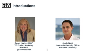 Introductions
3
Sandy Hawke, CISSP
VP, Product Marketing
AlienVault
@sandybeachSF
Justin’s Photo
Justin Webb
Information Security Officer
Marquette University
 