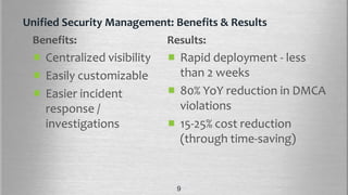 Unified Security Management: Benefits & Results
Benefits:
Centralized visibility
Easily customizable
Easier incident
response /
investigations
Results:
Rapid deployment - less
than 2 weeks
80% YoY reduction in DMCA
violations
15-25% cost reduction
(through time-saving)
9
 
