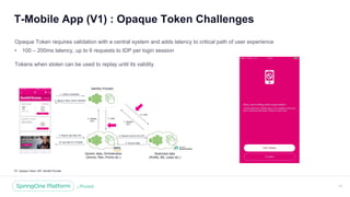 Unless otherwise indicated, these slides are © 2013 -2018 Pivotal Software, Inc. and licensed under a Creative Commons
Attribution-NonCommercial license: http://creativecommons.org/licenses/by -nc/3.0/
T-Mobile App (V1) : Opaque Token Challenges
16
Opaque Token requires validation with a central system and adds latency to critical path of user experience
• 100 – 200ms latency, up to 6 requests to IDP per login session
Tokens when stolen can be used to replay until its validity
OT: Opaque Token, IDP: Identify Provider
 