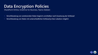 Data Encryption Policies
 Verschlüsselung von existierenden Daten beginnt unmittelbar nach Zuweisung der Schlüssel
 Verschlüsselung von Daten mit unterschiedlichen Schlüssel je Geo-Lokation möglich
 