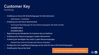 Customer Key
1. Erstellung von Azure AD Sicherheitsgruppe für Administratoren
 Administrator + Contributor
2. Erstellung von zwei Azure Abonnements
 Trennung der Berechtigungen für Azure Ressourcengruppen, Key Vaults und Keys
 AZ-EGXDE-CMK-A
 AZ-EGXDE-CMK-B
3. Registrierung des Mandanten für Customer Key via FastTrack
4. Erstellung einer Ressourcengruppe in jedem Abonnement
5. Erstellung der benötigten Key Vaults in jeder Ressourcengruppe
 Standard (Test, Proof-of-Concept) oder Premium (Produktiv)
6. Konfiguration der Zugriffsberechtigungen je Key Vault für Azure AD Sicherheitsgruppen
7. Erstellung der Keys je Key Vault
Key Vault und Key Namen sind global eindeutig
 