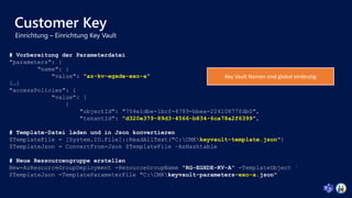 Customer Key
# Vorbereitung der Parameterdatei
"parameters": {
"name": {
"value": "az-kv-egxde-exo-a"
{…}
"accessPolicies": {
"value": [
{
"objectId": "754e1dbe-1bcf-4789-bbee-22410877fdb0",
"tenantId": "d320e379-89d3-4566-b834-6ca78a2f6399",
# Template-Datei laden und in Json konvertieren
$TemplateFile = [System.IO.File]::ReadAllText("C:CMKkeyvault-template.json")
$TemplateJson = ConvertFrom-Json $TemplateFile –AsHashtable
# Neue Ressourcengruppe erstellen
New-AzResourceGroupDeployment -ResourceGroupName "RG-EGXDE-KV-A" -TemplateObject `
$TemplateJson -TemplateParameterFile "C:CMKkeyvault-parameters-exo-a.json"
Key Vault Namen sind global eindeutig
 