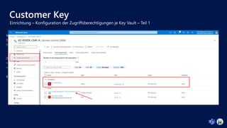 Customer Key
# Variablen für Key Vault und Admin Sicherheitsgruppe
$kvName = 'az-kv-egxde-exo-a'
$kvAdminGroup = 'kv-Admins'
Set-AzKeyVaultAccessPolicy -VaultName $kvName `
-ObjectId (Get-AzADGroup -SearchString $kvAdminGroup)[0].Id `
-PermissionsToKeys create,import,list,get,backup,restore
# Konfiguration der Contributor-Gruppe via Azure Portal für die Ressourcengruppe
 