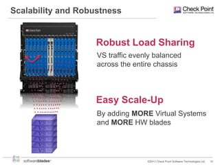 Scalability and Robustness

Robust Load Sharing
VS traffic evenly balanced
across the entire chassis

Easy Scale-Up
By adding MORE Virtual Systems
and MORE HW blades

©2013 Check Point Software Technologies Ltd.

10

 