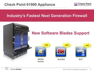 Check Point 61000 Appliance

Industry’s Fastest Next Generation Firewall

New Software Blades Support
NEW

Mobile
Access

NEW

Anti-Bot

NEW

DLP*

©2013 Check Point Software Technologies Ltd.

8

 