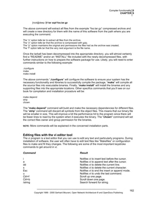 Compiler functionality 0
CHAPTER 9

[root@deep /]# tar xzpf foo.tar.gz

The above command will extract all files from the example “foo.tar.gz” compressed archive and
will create a new directory for them with the name of this software from the path where you are
executing the command.
The “x” option tells tar to extract all files from the archive.
The “z” option tells tar that the archive is compressed with gzip.
The “p” option maintains the original and permissions the files had as the archive was created.
The “f” option tells tar that the very next argument is the file name.

Once the tarball has been decompressed into the appropriate directory, you will almost certainly
find a “README” and/or an “INSTALL” file included with the newly decompressed files, with
further instructions on how to prepare the software package for use. Likely, you will need to enter
commands similar to the following example:
./configure
make
make install

The above commands “./configure” will configure the software to ensure your system has the
necessary functionality and libraries to successfully compile the package, “make” will compile all
the source files into executable binaries. Finally, “make install” will install the binaries and any
supporting files into the appropriate locations. Other specifics commands that you’ll see on our
book for compilation and installation procedure will be:
make depend
strip
chown

The "make depend" command will build and make the necessary dependencies for different files.
The “strip” command will discard all symbols from the object files. This means that our binary file
will be smaller in size. This will improve a bit the performance hit to the program since there will
be fewer lines to read by the system when it executes the binary. The "chown" command will set
the correct files owner and group permission for the binaries.
NOTE:

More commands will be explained in the concerned installation parts.

Editing files with the vi editor tool
The vi program is a text editor that you can use to edit any text and particularly programs. During
installation of software, the user will often have to edit text files like “Makefiles” or configuration
files to make and fit they changes. The following are some of the most important keystroke
commands to get around in vi.
Command

Result

i
a
dd
x
Esc
u
Ctrl+f
Ctrl+b
/string

Notifies vi to insert text before the cursor.
Notifies vi to append text after the cursor.
Notifies vi to delete the current line.
Notifies vi to delete the current character.
Notifies vi to end the insert or append mode.
Notifies vi to undo the last command.
Scroll up one page.
Scroll down one page.
Search forward for string.

Copyright 1999 - 2000 Gerhard Mourani, Open Network Architecture ® and OpenDocs Publishing

162

 