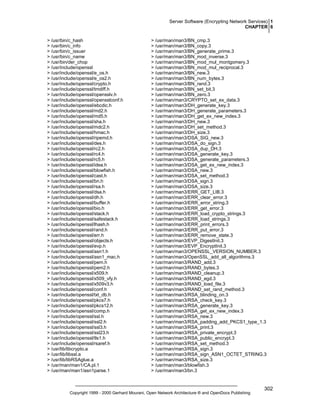 Server Software (Encrypting Network Services) 1
CHAPTER 6
> /usr/bin/c_hash
> /usr/bin/c_info
> /usr/bin/c_issuer
> /usr/bin/c_name
> /usr/bin/der_chop
> /usr/include/openssl
> /usr/include/openssl/e_os.h
> /usr/include/openssl/e_os2.h
> /usr/include/openssl/crypto.h
> /usr/include/openssl/tmdiff.h
> /usr/include/openssl/opensslv.h
> /usr/include/openssl/opensslconf.h
> /usr/include/openssl/ebcdic.h
> /usr/include/openssl/md2.h
> /usr/include/openssl/md5.h
> /usr/include/openssl/sha.h
> /usr/include/openssl/mdc2.h
> /usr/include/openssl/hmac.h
> /usr/include/openssl/ripemd.h
> /usr/include/openssl/des.h
> /usr/include/openssl/rc2.h
> /usr/include/openssl/rc4.h
> /usr/include/openssl/rc5.h
> /usr/include/openssl/idea.h
> /usr/include/openssl/blowfish.h
> /usr/include/openssl/cast.h
> /usr/include/openssl/bn.h
> /usr/include/openssl/rsa.h
> /usr/include/openssl/dsa.h
> /usr/include/openssl/dh.h
> /usr/include/openssl/buffer.h
> /usr/include/openssl/bio.h
> /usr/include/openssl/stack.h
> /usr/include/openssl/safestack.h
> /usr/include/openssl/lhash.h
> /usr/include/openssl/rand.h
> /usr/include/openssl/err.h
> /usr/include/openssl/objects.h
> /usr/include/openssl/evp.h
> /usr/include/openssl/asn1.h
> /usr/include/openssl/asn1_mac.h
> /usr/include/openssl/pem.h
> /usr/include/openssl/pem2.h
> /usr/include/openssl/x509.h
> /usr/include/openssl/x509_vfy.h
> /usr/include/openssl/x509v3.h
> /usr/include/openssl/conf.h
> /usr/include/openssl/txt_db.h
> /usr/include/openssl/pkcs7.h
> /usr/include/openssl/pkcs12.h
> /usr/include/openssl/comp.h
> /usr/include/openssl/ssl.h
> /usr/include/openssl/ssl2.h
> /usr/include/openssl/ssl3.h
> /usr/include/openssl/ssl23.h
> /usr/include/openssl/tls1.h
> /usr/include/openssl/rsaref.h
> /usr/lib/libcrypto.a
> /usr/lib/libssl.a
> /usr/lib/libRSAglue.a
> /usr/man/man1/CA.pl.1
> /usr/man/man1/asn1parse.1

> /usr/man/man3/BN_cmp.3
> /usr/man/man3/BN_copy.3
> /usr/man/man3/BN_generate_prime.3
> /usr/man/man3/BN_mod_inverse.3
> /usr/man/man3/BN_mod_mul_montgomery.3
> /usr/man/man3/BN_mod_mul_reciprocal.3
> /usr/man/man3/BN_new.3
> /usr/man/man3/BN_num_bytes.3
> /usr/man/man3/BN_rand.3
> /usr/man/man3/BN_set_bit.3
> /usr/man/man3/BN_zero.3
> /usr/man/man3/CRYPTO_set_ex_data.3
> /usr/man/man3/DH_generate_key.3
> /usr/man/man3/DH_generate_parameters.3
> /usr/man/man3/DH_get_ex_new_index.3
> /usr/man/man3/DH_new.3
> /usr/man/man3/DH_set_method.3
> /usr/man/man3/DH_size.3
> /usr/man/man3/DSA_SIG_new.3
> /usr/man/man3/DSA_do_sign.3
> /usr/man/man3/DSA_dup_DH.3
> /usr/man/man3/DSA_generate_key.3
> /usr/man/man3/DSA_generate_parameters.3
> /usr/man/man3/DSA_get_ex_new_index.3
> /usr/man/man3/DSA_new.3
> /usr/man/man3/DSA_set_method.3
> /usr/man/man3/DSA_sign.3
> /usr/man/man3/DSA_size.3
> /usr/man/man3/ERR_GET_LIB.3
> /usr/man/man3/ERR_clear_error.3
> /usr/man/man3/ERR_error_string.3
> /usr/man/man3/ERR_get_error.3
> /usr/man/man3/ERR_load_crypto_strings.3
> /usr/man/man3/ERR_load_strings.3
> /usr/man/man3/ERR_print_errors.3
> /usr/man/man3/ERR_put_error.3
> /usr/man/man3/ERR_remove_state.3
> /usr/man/man3/EVP_DigestInit.3
> /usr/man/man3/EVP_EncryptInit.3
> /usr/man/man3/OPENSSL_VERSION_NUMBER.3
> /usr/man/man3/OpenSSL_add_all_algorithms.3
> /usr/man/man3/RAND_add.3
> /usr/man/man3/RAND_bytes.3
> /usr/man/man3/RAND_cleanup.3
> /usr/man/man3/RAND_egd.3
> /usr/man/man3/RAND_load_file.3
> /usr/man/man3/RAND_set_rand_method.3
> /usr/man/man3/RSA_blinding_on.3
> /usr/man/man3/RSA_check_key.3
> /usr/man/man3/RSA_generate_key.3
> /usr/man/man3/RSA_get_ex_new_index.3
> /usr/man/man3/RSA_new.3
> /usr/man/man3/RSA_padding_add_PKCS1_type_1.3
> /usr/man/man3/RSA_print.3
> /usr/man/man3/RSA_private_encrypt.3
> /usr/man/man3/RSA_public_encrypt.3
> /usr/man/man3/RSA_set_method.3
> /usr/man/man3/RSA_sign.3
> /usr/man/man3/RSA_sign_ASN1_OCTET_STRING.3
> /usr/man/man3/RSA_size.3
> /usr/man/man3/blowfish.3
> /usr/man/man3/bn.3

Copyright 1999 - 2000 Gerhard Mourani, Open Network Architecture ® and OpenDocs Publishing

302

 