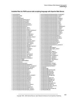 Server Software (Web Network Services) 1
CHAPTER 9

Installed files for PHP4 server-side scripting language with Apache Web Server
> /usr/bin/phpize
> /usr/bin/php-config
> /usr/include/php
> /usr/include/php/Zend
> /usr/include/php/Zend/FlexLexer.h
> /usr/include/php/Zend/acconfig.h
> /usr/include/php/Zend/modules.h
> /usr/include/php/Zend/zend-parser.h
> /usr/include/php/Zend/zend-scanner.h
> /usr/include/php/Zend/zend.h
> /usr/include/php/Zend/zend_API.h
> /usr/include/php/Zend/zend_alloc.h
> /usr/include/php/Zend/zend_builtin_functions.h
> /usr/include/php/Zend/zend_compile.h
> /usr/include/php/Zend/zend_config.h
> /usr/include/php/Zend/zend_config.w32.h
> /usr/include/php/Zend/zend_constants.h
> /usr/include/php/Zend/zend_dynamic_array.h
> /usr/include/php/Zend/zend_errors.h
> /usr/include/php/Zend/zend_execute.h
> /usr/include/php/Zend/zend_execute_locks.h
> /usr/include/php/Zend/zend_extensions.h
> /usr/include/php/Zend/zend_fast_cache.h
> /usr/include/php/Zend/zend_globals.h
> /usr/include/php/Zend/zend_globals_macros.h
> /usr/include/php/Zend/zend_hash.h
> /usr/include/php/Zend/zend_highlight.h
> /usr/include/php/Zend/zend_indent.h
> /usr/include/php/Zend/zend_list.h
> /usr/include/php/Zend/zend_llist.h
> /usr/include/php/Zend/zend_operators.h
> /usr/include/php/Zend/zend_ptr_stack.h
> /usr/include/php/Zend/zend_stack.h
> /usr/include/php/Zend/zend_variables.h
> /usr/include/php/TSRM
> /usr/include/php/TSRM/TSRM.h
> /usr/include/php/ext
> /usr/include/php/ext/standard
> /usr/include/php/ext/standard/base64.h
> /usr/include/php/ext/standard/basic_functions.h
> /usr/include/php/ext/standard/cyr_convert.h
> /usr/include/php/ext/standard/datetime.h
> /usr/include/php/ext/standard/dl.h
> /usr/include/php/ext/standard/dns.h
> /usr/include/php/ext/standard/exec.h
> /usr/include/php/ext/standard/file.h
> /usr/include/php/ext/standard/flock_compat.h
> /usr/include/php/ext/standard/fsock.h
> /usr/include/php/ext/standard/global.h
> /usr/include/php/ext/standard/head.h
> /usr/include/php/ext/standard/html.h
> /usr/include/php/ext/standard/info.h
> /usr/include/php/ext/standard/md5.h
> /usr/include/php/ext/standard/microtime.h
> /usr/include/php/ext/standard/pack.h
> /usr/include/php/ext/standard/pageinfo.h
> /usr/include/php/ext/standard/php_array.h
> /usr/include/php/ext/standard/php_assert.h

> /usr/include/php/ext/standard/php_browscap.h
> /usr/include/php/ext/standard/php_crypt.h
> /usr/include/php/ext/standard/php_dir.h
> /usr/include/php/ext/standard/php_filestat.h
> /usr/include/php/ext/standard/php_image.h
> /usr/include/php/ext/standard/php_iptc.h
> /usr/include/php/ext/standard/php_lcg.h
> /usr/include/php/ext/standard/php_link.h
> /usr/include/php/ext/standard/php_mail.h
> /usr/include/php/ext/standard/php_metaphone.h
> /usr/include/php/ext/standard/php_output.h
> /usr/include/php/ext/standard/php_rand.h
> /usr/include/php/ext/standard/php_standard.h
> /usr/include/php/ext/standard/php_string.h
> /usr/include/php/ext/standard/php_syslog.h
> /usr/include/php/ext/standard/php_var.h
> /usr/include/php/ext/standard/phpdir.h
> /usr/include/php/ext/standard/phpmath.h
> /usr/include/php/ext/standard/quot_print.h
> /usr/include/php/ext/standard/reg.h
> /usr/include/php/ext/standard/type.h
> /usr/include/php/ext/standard/uniqid.h
> /usr/include/php/ext/standard/url.h
> /usr/include/php/ext/standard/url_scanner.h
> /usr/include/php/regex
> /usr/include/php/regex/regex.h
> /usr/include/php/regex/regex_extra.h
> /usr/include/php/php.h
> /usr/include/php/php_regex.h
> /usr/include/php/php3_compat.h
> /usr/include/php/safe_mode.h
> /usr/include/php/fopen-wrappers.h
> /usr/include/php/php_version.h
> /usr/include/php/php_globals.h
> /usr/include/php/php_reentrancy.h
> /usr/include/php/php_ini.h
> /usr/include/php/SAPI.h
> /usr/include/php/php_config.h
> /usr/include/php/zend_config.h
> /usr/include/php/build-defs.h
> /usr/lib/php
> /usr/lib/php/DB
> /usr/lib/php/DB/common.php
> /usr/lib/php/DB/odbc.php
> /usr/lib/php/DB/mysql.php
> /usr/lib/php/DB/pgsql.php
> /usr/lib/php/DB/storage.php
> /usr/lib/php/build
> /usr/lib/php/build/pear.m4
> /usr/lib/php/build/fastgen.sh
> /usr/lib/php/build/library.mk
> /usr/lib/php/build/ltlib.mk
> /usr/lib/php/build/program.mk
> /usr/lib/php/build/rules.mk
> /usr/lib/php/build/rules_pear.mk
> /usr/lib/php/build/shtool
> /usr/lib/php/build/acinclude.m4
> /usr/lib/php/DB.php

Copyright 1999 - 2000 Gerhard Mourani, Open Network Architecture ® and OpenDocs Publishing

401

 