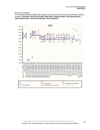 Linux General Optimization 0
CHAPTER 4

Now as an example :
For a Pentium II/III CPU (i686) with compiler version egcs-2.91.66, the best optimization options
would be: CFLAGS=’-O9 -funroll-loops -ffast-math -malign-double -mcpu=pentiumpro march=pentiumpro -fomit-frame-pointer -fno-exceptions’

Copyright 1999 - 2000 Gerhard Mourani, Open Network Architecture ® and OpenDocs Publishing

73

 
