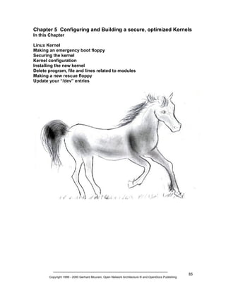Chapter 5 Configuring and Building a secure, optimized Kernels
In this Chapter
Linux Kernel
Making an emergency boot floppy
Securing the kernel
Kernel configuration
Installing the new kernel
Delete program, file and lines related to modules
Making a new rescue floppy
Update your “/dev” entries

Copyright 1999 - 2000 Gerhard Mourani, Open Network Architecture ® and OpenDocs Publishing

85

 