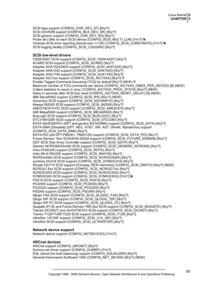 Linux Kernel 0
CHAPTER 5
SCSI tape support (CONFIG_CHR_DEV_ST) [N/y/?]
SCSI CD-ROM support (CONFIG_BLK_DEV_SR) [N/y/?]
SCSI generic support (CONFIG_CHR_DEV_SG) [N/y/?]
Probe all LUNs on each SCSI device (CONFIG_SCSI_MULTI_LUN) [Y/n/?] N
Verbose SCSI error reporting (kernel size +=12K) (CONFIG_SCSI_CONSTANTS) [Y/n/?] N
SCSI logging facility (CONFIG_SCSI_LOGGING) [N/y/?]

SCSI low-level drivers
7000FASST SCSI support (CONFIG_SCSI_7000FASST) [N/y/?]
ACARD SCSI support (CONFIG_SCSI_ACARD) [N/y/?]
Adaptec AHA152X/2825 support (CONFIG_SCSI_AHA152X) [N/y/?]
Adaptec AHA1542 support (CONFIG_SCSI_AHA1542) [N/y/?]
Adaptec AHA1740 support (CONFIG_SCSI_AHA1740) [N/y/?]
Adaptec AIC7xxx support (CONFIG_SCSI_AIC7XXX) [N/y/?] Y
Enable Tagged Command Queueing (TCQ) by default [N/y/?] (NEW) Y
Maximum number of TCQ commands per device (CONFIG_AIC7XXX_CMDS_PER_DEVICE) [8] (NEW)
Collect statistics to report in /proc (CONFIG_AIC7XXX_PROC_STATS) [N/y/?] (NEW)
Delay in seconds after SCSI bus reset (CONFIG_AIC7XXX_RESET_DELAY) [5] (NEW)
IBM ServeRAID support (CONFIG_SCSI_IPS) [N/y/?] (NEW)
AdvanSys SCSI support (CONFIG_SCSI_ADVANSYS) [N/y/?]
Always IN2000 SCSI support (CONFIG_SCSI_IN2000) [N/y/?]
AM53/79C974 PCI SCSI support (CONFIG_SCSI_AM53C974) [N/y/?]
AMI MegaRAID support (CONFIG_SCSI_MEGARAID) [N/y/?]
BusLogic SCSI support (CONFIG_SCSI_BUSLOGIC) [N/y/?]
DTC3180/3280 SCSI support (CONFIG_SCSI_DTC3280) [N/y/?]
EATA ISA/EISA/PCI (DPT and generic EATA/DMA) support (CONFIG_SCSI_EATA) [N/y/?]
EATA-DMA [Obsolete] (DPT, NEC, AT&T, SNI, AST, Olivetti, Alphatronix) support
(CONFIG_SCSI_EATA_DMA) [N/y/?]
EATA-PIO (old DPT PM2001, PM2012A) support (CONFIG_SCSI_EATA_PIO) [N/y/?]
Future Domain 16xx SCSI/AHA-2920A support (CONFIG_SCSI_FUTURE_DOMAIN) [N/y/?]
GDT SCSI Disk Array Controller support (CONFIG_SCSI_GDTH) [N/y/?]
Generic NCR5380/53c400 SCSI support (CONFIG_SCSI_GENERIC_NCR5380) [N/y/?]
Initio 9100U(W) support (CONFIG_SCSI_INITIO) [N/y/?]
Initio INI-A100U2W support (CONFIG_SCSI_INIA100) [N/y/?]
NCR53c406a SCSI support (CONFIG_SCSI_NCR53C406A) [N/y/?]
symbios 53c416 SCSI support (CONFIG_SCSI_SYM53C416) [N/y/?]
Simple 53c710 SCSI support (Compaq, NCR machines) (CONFIG_SCSI_SIM710) [N/y/?] (NEW)
NCR53c7,8xx SCSI support (CONFIG_SCSI_NCR53C7xx) [N/y/?]
NCR53C8XX SCSI support (CONFIG_SCSI_NCR53C8XX) [N/y/?]
SYM53C8XX SCSI support (CONFIG_SCSI_SYM53C8XX) [Y/n/?] N
PAS16 SCSI support (CONFIG_SCSI_PAS16) [N/y/?]
PCI2000 support (CONFIG_SCSI_PCI2000) [N/y/?]
PCI2220i support (CONFIG_SCSI_PCI2220I) [N/y/?]
PSI240i support (CONFIG_SCSI_PSI240I) [N/y/?]
Qlogic FAS SCSI support (CONFIG_SCSI_QLOGIC_FAS) [N/y/?]
Qlogic ISP SCSI support (CONFIG_SCSI_QLOGIC_ISP) [N/y/?]
Qlogic ISP FC SCSI support (CONFIG_SCSI_QLOGIC_FC) [N/y/?]
Seagate ST-02 and Future Domain TMC-8xx SCSI support (CONFIG_SCSI_SEAGATE) [N/y/?]
Tekram DC390(T) and Am53/79C974 SCSI support (CONFIG_SCSI_DC390T) [N/y/?]
Trantor T128/T128F/T228 SCSI support (CONFIG_SCSI_T128) [N/y/?]
UltraStor 14F/34F support (CONFIG_SCSI_U14_34F) [N/y/?]
UltraStor SCSI support (CONFIG_SCSI_ULTRASTOR) [N/y/?]

Network device support
Network device support (CONFIG_NETDEVICES) [Y/n/?]

ARCnet devices
ARCnet support (CONFIG_ARCNET) [N/y/?]
Dummy net driver support (CONFIG_DUMMY) [Y/n/?]
EQL (serial line load balancing) support (CONFIG_EQUALIZER) [N/y/?]
General Instruments Surfboard 1000 (CONFIG_NET_SB1000) [N/y/?] (NEW)

Copyright 1999 - 2000 Gerhard Mourani, Open Network Architecture ® and OpenDocs Publishing

93

 