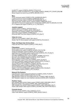 Linux Kernel 0
CHAPTER 5
Unix98 PTY support (CONFIG_UNIX98_PTYS) [Y/n/?]
Maximum number of Unix98 PTYs in use (0-2048) (CONFIG_UNIX98_PTY_COUNT) [256] 128
Mouse Support (not serial mice) (CONFIG_MOUSE) [Y/n/?]

Mice
ATIXL busmouse support (CONFIG_ATIXL_BUSMOUSE) [N/y/?]
Logitech busmouse support (CONFIG_BUSMOUSE) [N/y/?]
Microsoft busmouse support (CONFIG_MS_BUSMOUSE) [N/y/?]
PS/2 mouse (aka "auxiliary device") support (CONFIG_PSMOUSE) [Y/n/?]
C&T 82C710 mouse port support (as on TI Travelmate) (CONFIG_82C710_MOUSE) [Y/n/?] N
PC110 digitizer pad support (CONFIG_PC110_PAD) [N/y/?]

Joystick support
Joystick support (CONFIG_JOYSTICK) [N/y/?]
QIC-02 tape support (CONFIG_QIC02_TAPE) [N/y/?]
Watchdog Timer Support (CONFIG_WATCHDOG) [N/y/?]
/dev/nvram support (CONFIG_NVRAM) [N/y/?]
Enhanced Real Time Clock Support (CONFIG_RTC) [N/y/?]

Video for Linux
Video For Linux (CONFIG_VIDEO_DEV) [N/y/?]
Double Talk PC internal speech card support (CONFIG_DTLK) [N/y/?]

Ftape, the floppy tape device driver
Ftape (QIC-80/Travan) support (CONFIG_FTAPE) [N/y/?]

Filesystems
Quota support (CONFIG_QUOTA) [N/y/?] Y
Kernel automounter support (CONFIG_AUTOFS_FS) [Y/n/?] N
Amiga FFS filesystem support (CONFIG_AFFS_FS) [N/y/?]
Apple Macintosh filesystem support (experimental) (CONFIG_HFS_FS) [N/y/?]
DOS FAT fs support (CONFIG_FAT_FS) [N/y/?]
ISO 9660 CDROM filesystem support (CONFIG_ISO9660_FS) [Y/n/?]
Microsoft Joliet CDROM extensions (CONFIG_JOLIET) [N/y/?]
Minix fs support (CONFIG_MINIX_FS) [N/y/?]
NTFS filesystem support (read only) (CONFIG_NTFS_FS) [N/y/?]
OS/2 HPFS filesystem support (read only) (CONFIG_HPFS_FS) [N/y/?]
/proc filesystem support (CONFIG_PROC_FS) [Y/n/?]
/dev/pts filesystem for Unix98 PTYs (CONFIG_DEVPTS_FS) [Y/n/?]
ROM filesystem support (CONFIG_ROMFS_FS) [N/y/?]
Second extended fs support (CONFIG_EXT2_FS) [Y/n/?]
System V and Coherent filesystem support (CONFIG_SYSV_FS) [N/y/?]
UFS filesystem support (CONFIG_UFS_FS) [N/y/?]

Network File Systems
Coda filesystem support (advanced network fs) (CONFIG_CODA_FS) [N/y/?]
NFS filesystem support (CONFIG_NFS_FS) [Y/n/?] N
SMB filesystem support (to mount WfW shares etc.) (CONFIG_SMB_FS) [N/y/?]
NCP filesystem support (to mount NetWare volumes) (CONFIG_NCP_FS) [N/y/?]

Partition Types
BSD disklabel (BSD partition tables) support (CONFIG_BSD_DISKLABEL) [N/y/?]
Macintosh partition map support (CONFIG_MAC_PARTITION) [N/y/?]
SMD disklabel (Sun partition tables) support (CONFIG_SMD_DISKLABEL) [N/y/?]
Solaris (x86) partition table support (CONFIG_SOLARIS_X86_PARTITION) [N/y/?]

Console drivers
VGA text console (CONFIG_VGA_CONSOLE) [Y/n/?]
Video mode selection support (CONFIG_VIDEO_SELECT) [N/y/?]

Copyright 1999 - 2000 Gerhard Mourani, Open Network Architecture ® and OpenDocs Publishing

95

 