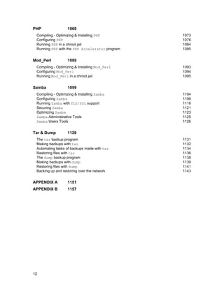 PHP

1069

Compiling - Optimizing & Installing PHP
Configuring PHP
Running PHP in a chroot jail
Running PHP with the PHP Accelerator program

Mod_Perl

1089

Compiling - Optimizing & Installing Mod_Perl
Configuring Mod_Perl
Running Mod_Perl in a chroot jail

Samba

1104
1106
1116
1121
1123
1125
1126

1129

The tar backup program
Making backups with tar
Automating tasks of backups made with tar
Restoring files with tar
The dump backup program
Making backups with dump
Restoring files with dump
Backing up and restoring over the network

APPENDIX A

1151

APPENDIX B

1157

12

1093
1094
1095

1099

Compiling - Optimizing & Installing Samba
Configuring Samba
Running Samba with TLS/SSL support
Securing Samba
Optimizing Samba
Samba Administrative Tools
Samba Users Tools

Tar & Dump

1073
1076
1084
1085

1131
1132
1134
1136
1138
1139
1141
1143

 