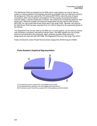 Firewall Basic Concept 0
CHAPTER 9

The Well Known Ports are assigned by the IANA and on most systems can only be used by
system (or root) processes or by programs executed by privileged users (our daemons running in
the background). Ports are used by the TCP protocol [RFC793] to name the ends of logical
connections, which carry long-term conversations. For the purpose of providing services to
unknown callers, a service contact port is defined. The contact port is sometimes called the "wellknown port". Wherever possible, the same port assignments are also used by UDP protocol
[RFC768]. For many years Well Known Ports were in the range 0-255. Recently, the range for
the Well Known Ports has been expanded from 0 to 1023 to respond to the exponential growth of
the Internet.
The Registered Ports are also listed by the IANA and, on most systems, can be used by ordinary
user processes or programs executed by ordinary users. The IANA registers the use of these
ports as a convenience to the community. Again, wherever possible, these same port
assignments are used with UDP [RFC768]. The Registered Ports are in the range 1024-49151.
Finally, the Dynamic and/or Private Ports are those ranging from 49152 through to 65535.

Ports Numbers Graphical Representation
1
3

2
[1] The Well Known Ports represent 2% of all available ports [0-1023].
[2] The Registered Ports represent 73% of all available ports [1024-49151].
[3] The Dynamic and/or Private Ports represent 25% of all available ports [49152-65535].

244

 