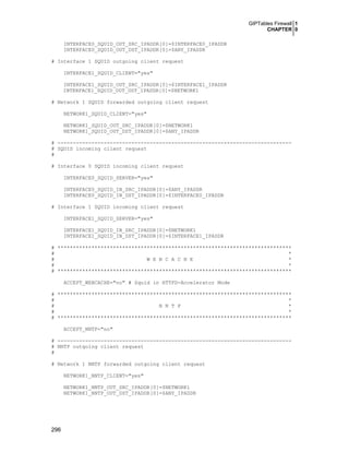 GIPTables Firewall 1
CHAPTER 0
INTERFACE0_SQUID_OUT_SRC_IPADDR[0]=$INTERFACE0_IPADDR
INTERFACE0_SQUID_OUT_DST_IPADDR[0]=$ANY_IPADDR
# Interface 1 SQUID outgoing client request
INTERFACE1_SQUID_CLIENT="yes"
INTERFACE1_SQUID_OUT_SRC_IPADDR[0]=$INTERFACE1_IPADDR
INTERFACE1_SQUID_OUT_DST_IPADDR[0]=$NETWORK1
# Network 1 SQUID forwarded outgoing client request
NETWORK1_SQUID_CLIENT="yes"
NETWORK1_SQUID_OUT_SRC_IPADDR[0]=$NETWORK1
NETWORK1_SQUID_OUT_DST_IPADDR[0]=$ANY_IPADDR
# ---------------------------------------------------------------------------# SQUID incoming client request
#
# Interface 0 SQUID incoming client request
INTERFACE0_SQUID_SERVER="yes"
INTERFACE0_SQUID_IN_SRC_IPADDR[0]=$ANY_IPADDR
INTERFACE0_SQUID_IN_DST_IPADDR[0]=$INTERFACE0_IPADDR
# Interface 1 SQUID incoming client request
INTERFACE1_SQUID_SERVER="yes"
INTERFACE1_SQUID_IN_SRC_IPADDR[0]=$NETWORK1
INTERFACE1_SQUID_IN_DST_IPADDR[0]=$INTERFACE1_IPADDR
# ****************************************************************************
#
*
#
W E B C A C H E
*
#
*
# ****************************************************************************
ACCEPT_WEBCACHE="no" # Squid in HTTPD-Accelerator Mode
# ****************************************************************************
#
*
#
N N T P
*
#
*
# ****************************************************************************
ACCEPT_NNTP="no"
# ---------------------------------------------------------------------------# NNTP outgoing client request
#
# Network 1 NNTP forwarded outgoing client request
NETWORK1_NNTP_CLIENT="yes"
NETWORK1_NNTP_OUT_SRC_IPADDR[0]=$NETWORK1
NETWORK1_NNTP_OUT_DST_IPADDR[0]=$ANY_IPADDR

296

 