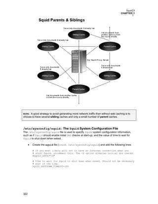 Squid 1
CHAPTER 1

NOTE: A good strategy to avoid generating more network traffic than without web caching is to

choose to have several sibling caches and only a small number of parent caches.

/etc/sysconfig/squid: The Squid System Configuration File
The /etc/sysconfig/squid file is used to specify Squid system configuration information,
such as if Squid should enable initial DNS checks at start-up, and the value of time to wait for
Squid to shut down when asked.
•

Create the squid file (touch /etc/sysconfig/squid) and add the following lines:
# If you most likely will not to have an Internet connection when you
# start Squid, uncomment this. The -D option disables initial dns checks.
#SQUID_OPTS="-D"
# Time to wait for Squid to shut down when asked. Should not be necessary
# most of the time.
SQUID_SHUTDOWN_TIMEOUT=100

322

 