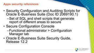 Apps security references
• Security Configuration and Auditing Scripts for
Oracle E-Business Suite (Doc ID 2069190.1)
–Set of SQL and shell scripts that generate
report of different areas to secure
• Secure Configuration Console
–Functional administrator > Configuration
Manager tab
• Oracle E-Business Suite Security Guide,
Release 12.2
 