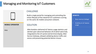 Managing and Monitoring IoT Customers
13
CHALLENGE
Build a single portal for managing and controlling the
entire lifecycle of the industrial IoT customers running
on the same 3G mobile consumers network.
SOLUTION
“By keeping DDoS traffic
off the network and
managing CMTS
congestion precisely
where it occurs, we have
been able to delay
infrastructure expansion
by 2 years and to save
millions.”
BENEFITS
• Stop revenue leakage
• Visibility to IoT device
usageMOBILE OPERATOR
Asia Allot Analytics delivered IoT device usage statistics and
alerted upon abnormal behavior all of which were fully
integrated to the IoT portal and terminal display. Allot
Service Gateway, allowed validating device traffic and
access and preventing potential device misuse.
 