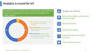 Analytics is crucial for IoT
9
Telecoms.com Intelligence – IoT Outlook 2016
5%
51% 44%
How important do you think it is to understand the specific identity,
activity and requirements of each IoT device connecting to the
mobile network?
Not important: we don’t need to know
what the traffic is, we just provide
connectivity
Quite important: some device insight
will help us better optimize costs and
network resources
Very important: to harnes the full
potential of IoT and maximise profits, I
need to monetise information and offer it
to my enterprise customers
Analytics as a Service
Behavioral analysis and Anomaly
detect and alert
Security Analytics
QOS & SLA reports
Asset HeartBeat and Health
reporting
Other Alerting services
 
