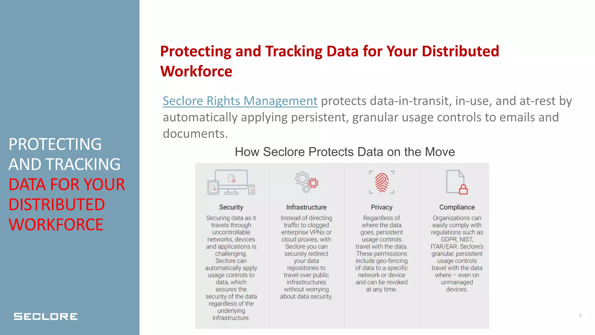 4
PROTECTING
AND TRACKING
DATA FOR YOUR
DISTRIBUTED
WORKFORCE
Protecting and Tracking Data for Your Distributed
Workforce
Seclore Rights Management protects data-in-transit, in-use, and at-rest by
automatically applying persistent, granular usage controls to emails and
documents.
How Seclore Protects Data on the Move
 