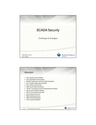 3/10/2016
1
SCADA Security
Challenges & Strategies
Jeffrey Wang, P. Eng.
2016, Oshawa
Acronym
ICS: Industrial Control System
DCS: Distributed Control System
SCADA: Supervisory Control and Data Acquisition
PLC: Programmable Logic Controller
RTU: Remote Terminal Unit
HMI: Human Machine Interface
TCP/IP: Transmission Control Protocol/Internet Protocol
IDS: Intrusion Detection System
COTS: Commercial off-the-shelf
ACL: Access Control List
DMZ: Demilitarized Zone
WAN: Wide Area Network
LAN: Local Area Network
Page 2 Securing SCADA prepared by Jeffrey Wang
 