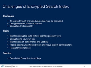 12
Challenges of Encrypted Search Index
Challenges
• To search through encrypted data, data must be decrypted
• Decryption slows down the process
• Encryption limits usability
Goals
• Maintain encrypted state without sacriﬁcing security level
• Encrypt using your own key
• Maintain search performance and usability
• Protect against unauthorized users and rogue system administrators
• Regulatory compliance
Solution
• Searchable Encryption technology
© Hitachi Solutions America, Ltd. and Measured Search, Inc. 2017, All rights reserved.
 