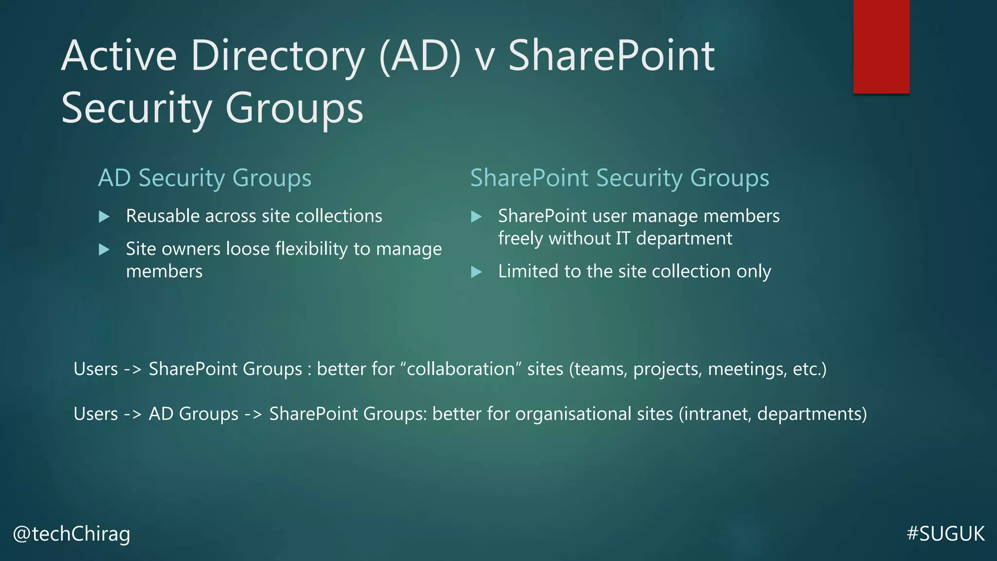 #SUGUK@techChirag
Active Directory (AD) v SharePoint
Security Groups
AD Security Groups
 Reusable across site collections
 Site owners loose flexibility to manage
members
SharePoint Security Groups
 SharePoint user manage members
freely without IT department
 Limited to the site collection only
Users -> SharePoint Groups : better for “collaboration” sites (teams, projects, meetings, etc.)
Users -> AD Groups -> SharePoint Groups: better for organisational sites (intranet, departments)
 
