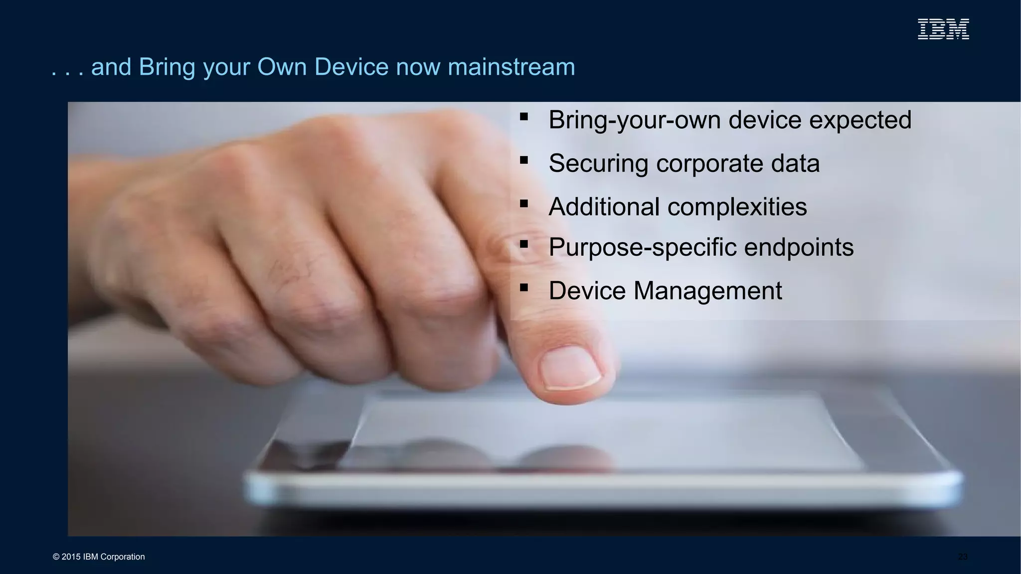 © 2015 IBM Corporation
. . . and Bring your Own Device now mainstream
23
 Bring-your-own device expected
 Securing corporate data
 Additional complexities
 Purpose-specific endpoints
 Device Management
 
