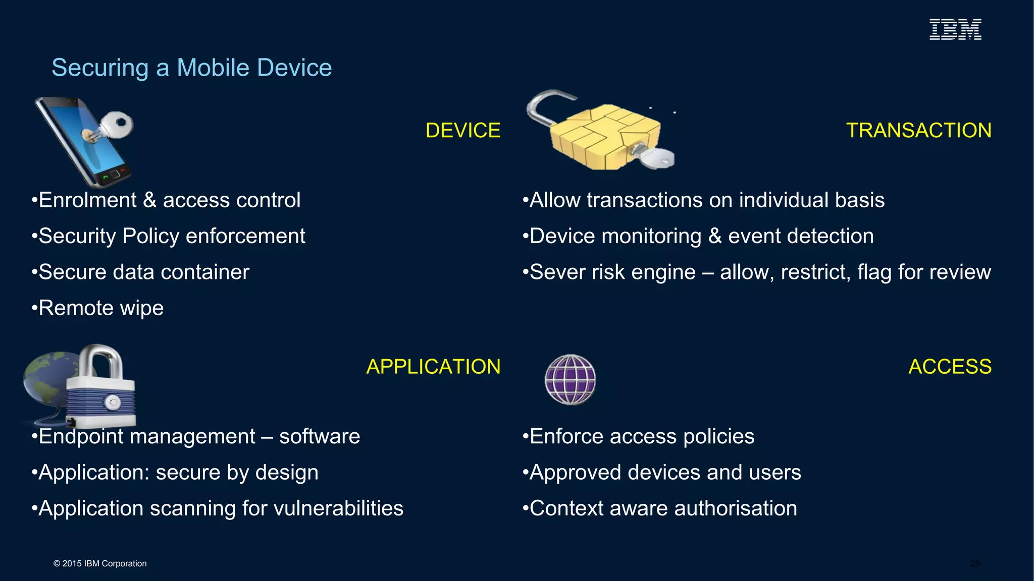 © 2015 IBM Corporation
Securing a Mobile Device
DEVICE
•Enrolment & access control
•Security Policy enforcement
•Secure data container
•Remote wipe
TRANSACTION
•Allow transactions on individual basis
•Device monitoring & event detection
•Sever risk engine – allow, restrict, flag for review
APPLICATION
•Endpoint management – software
•Application: secure by design
•Application scanning for vulnerabilities
ACCESS
•Enforce access policies
•Approved devices and users
•Context aware authorisation
29
 