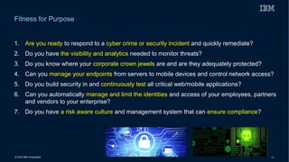 © 2015 IBM Corporation 34
1. Are you ready to respond to a cyber crime or security incident and quickly remediate?
2. Do you have the visibility and analytics needed to monitor threats?
3. Do you know where your corporate crown jewels are and are they adequately protected?
4. Can you manage your endpoints from servers to mobile devices and control network access?
5. Do you build security in and continuously test all critical web/mobile applications?
6. Can you automatically manage and limit the identities and access of your employees, partners
and vendors to your enterprise?
7. Do you have a risk aware culture and management system that can ensure compliance?
Fitness for Purpose
 