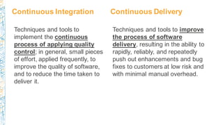 Continuous Integration
Techniques and tools to improve
the process of software
delivery, resulting in the ability to
rapid...
